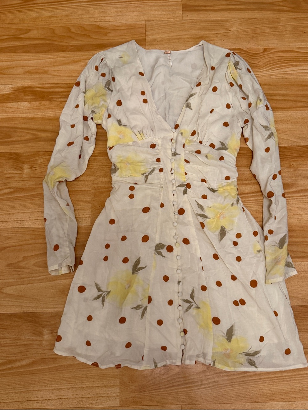 Free People Date Night Mini Dress Yellow Floral Polka Dot Long Sleeve XS